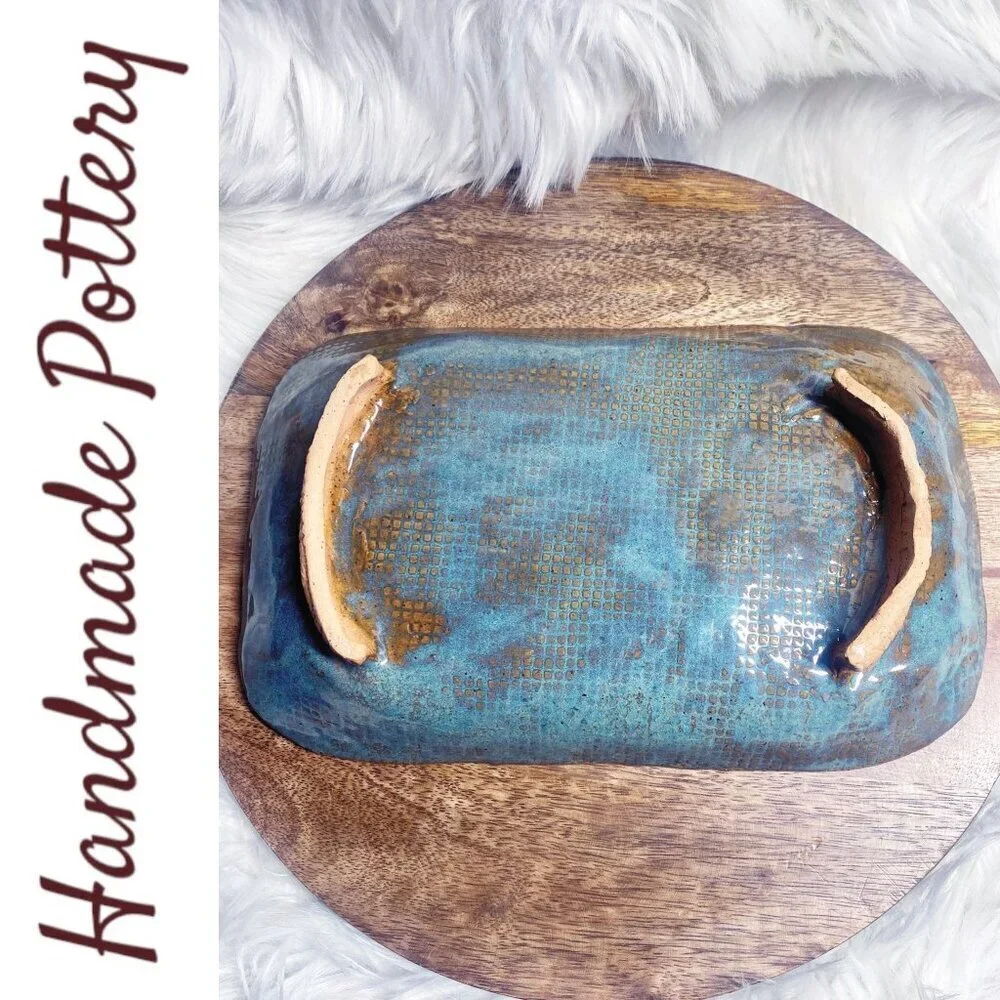 HANDMADE ARTISAN FOOTED TURQUOISE BROWNSTONE‎ TRAY Rectangular Glazed